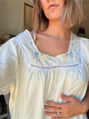 Cream Embroidered Square Neck Women’s nightgown
